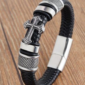 Cross Silver Real Leather Bracelet Cross